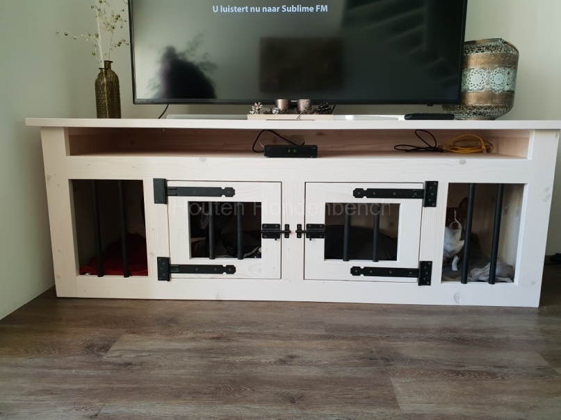 Hondenbench hout in White Wash 175 cm lang